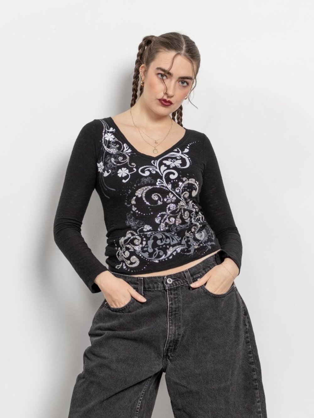 Butterflies Y2K GLITTER 2000's VINTAGE Long Sleeve Baby Tee / Medium Large